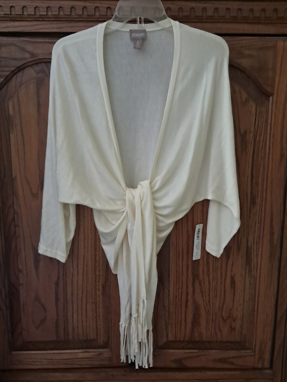 Chico's Sz 2 Fringe Tie-Front Fringe Cardigan Shrug NWT Sz 12 M/L Womens Ecru